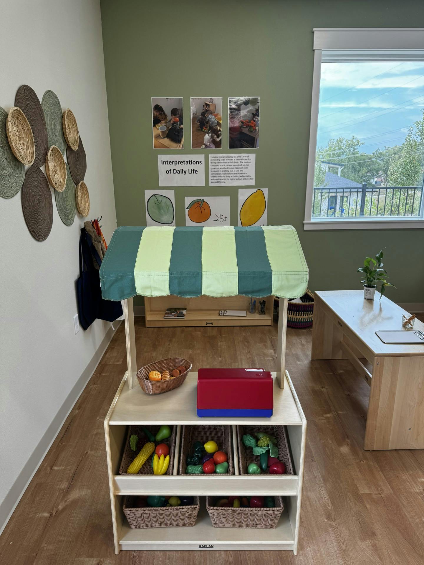Play market stand with toy fruits and vegetables