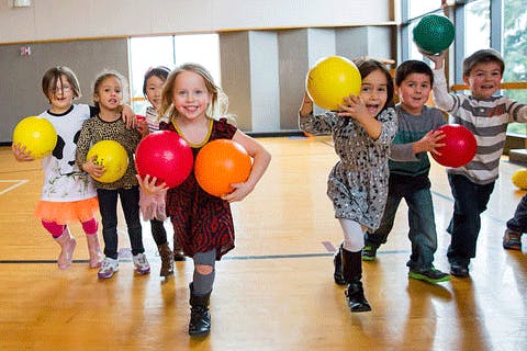 Group of children holding colorful balls in a gym
