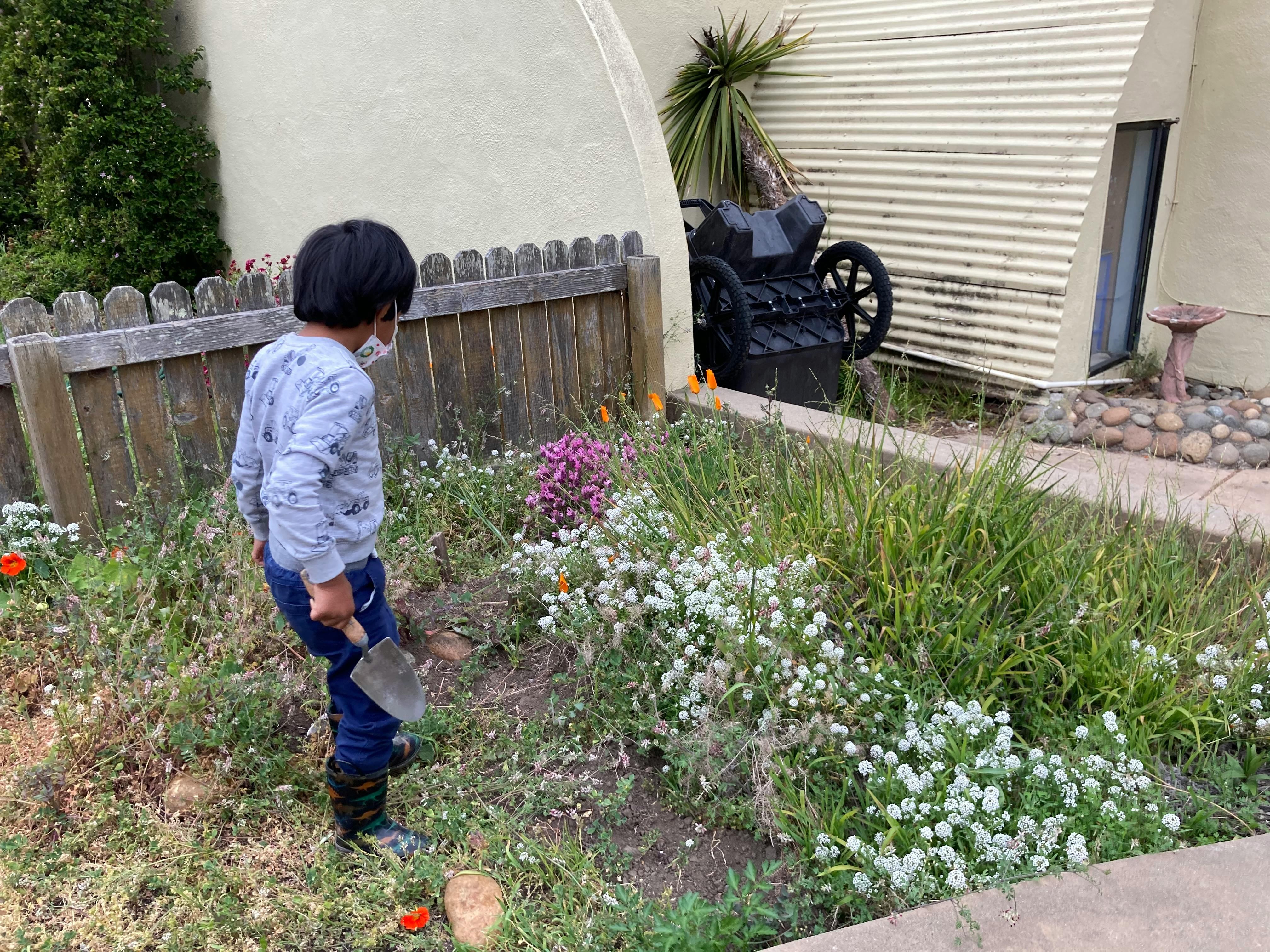 Child holding a small shovel in a garden