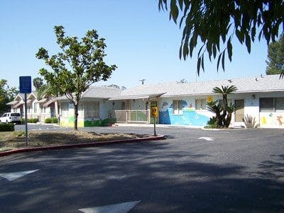 Building with murals and a parking lot
