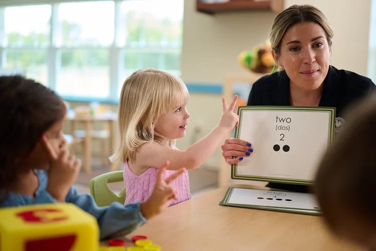 Adult holding up a sign with the number two to two children