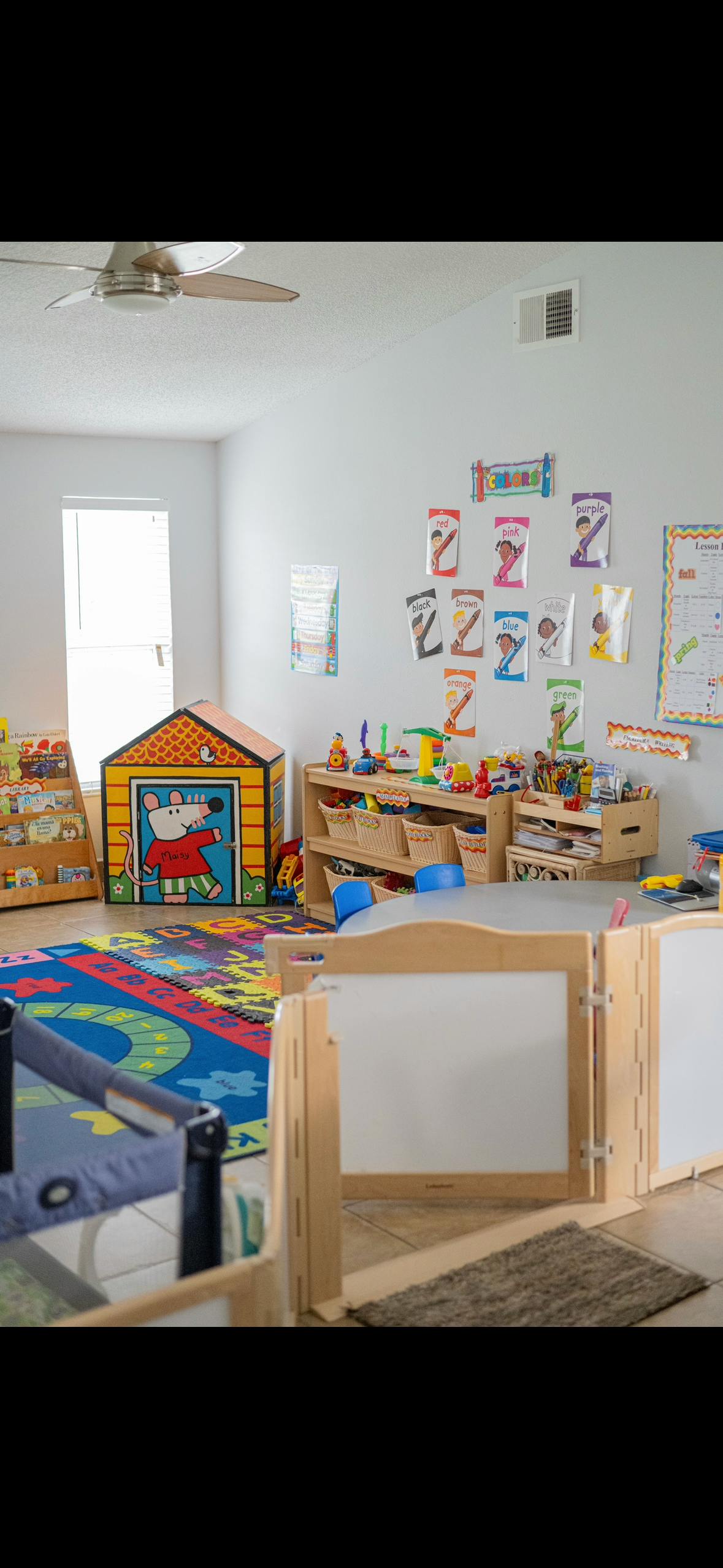 Playroom with a colorful rug, toy house, and shelves of toys