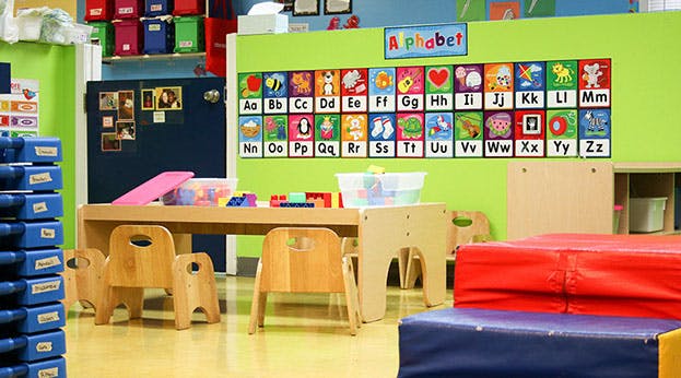 Classroom with small tables and chairs, alphabet chart on wall