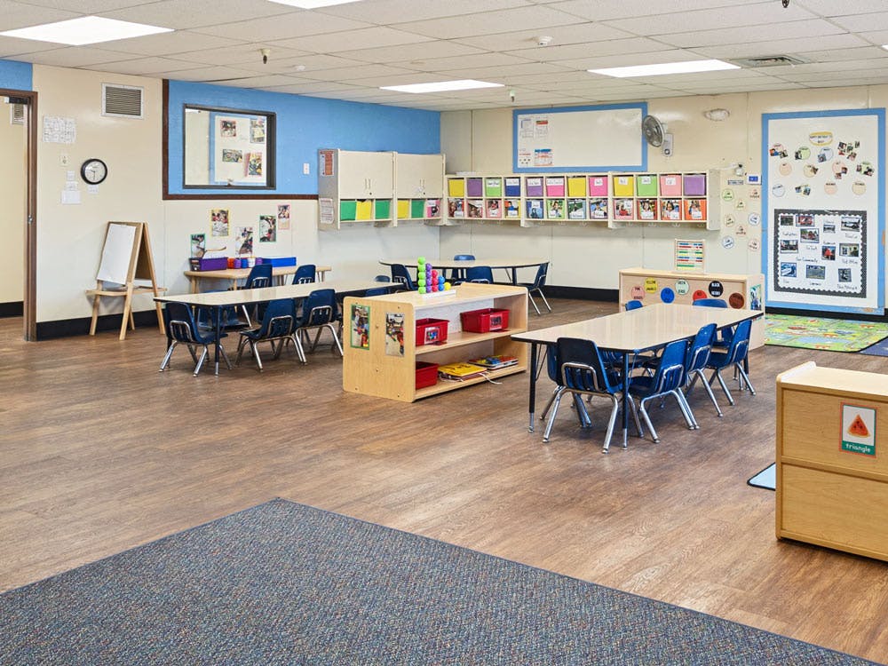 Empty classroom with small tables and chairs