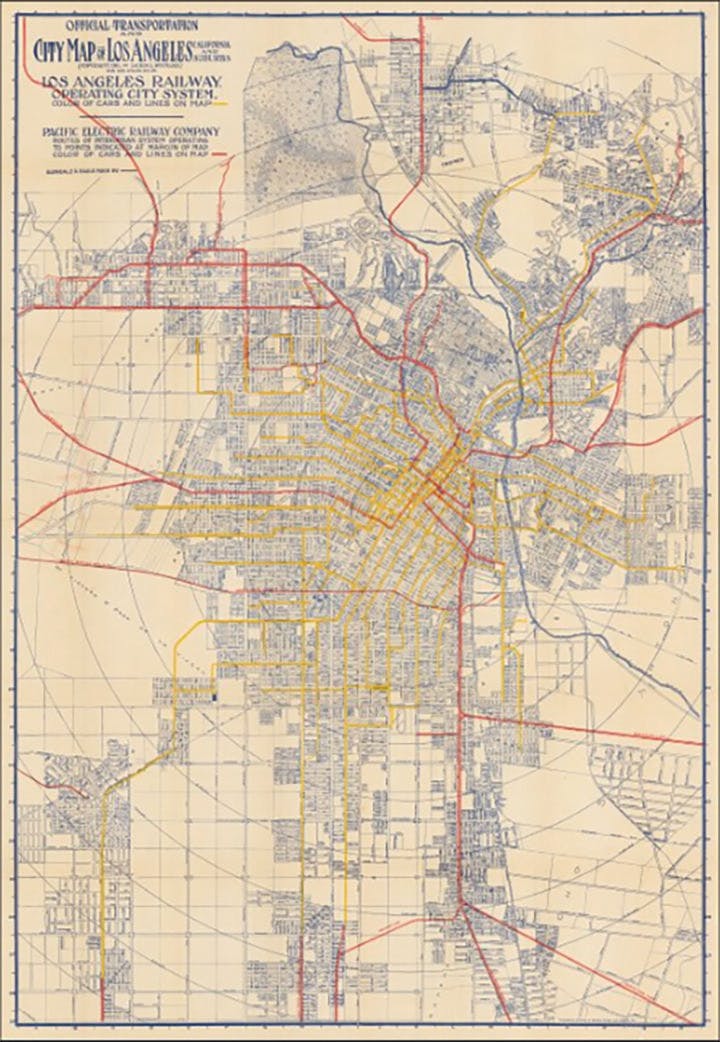 City map of Los Angeles with railway and streetcar lines