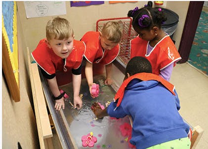Children playing in a water table with toys