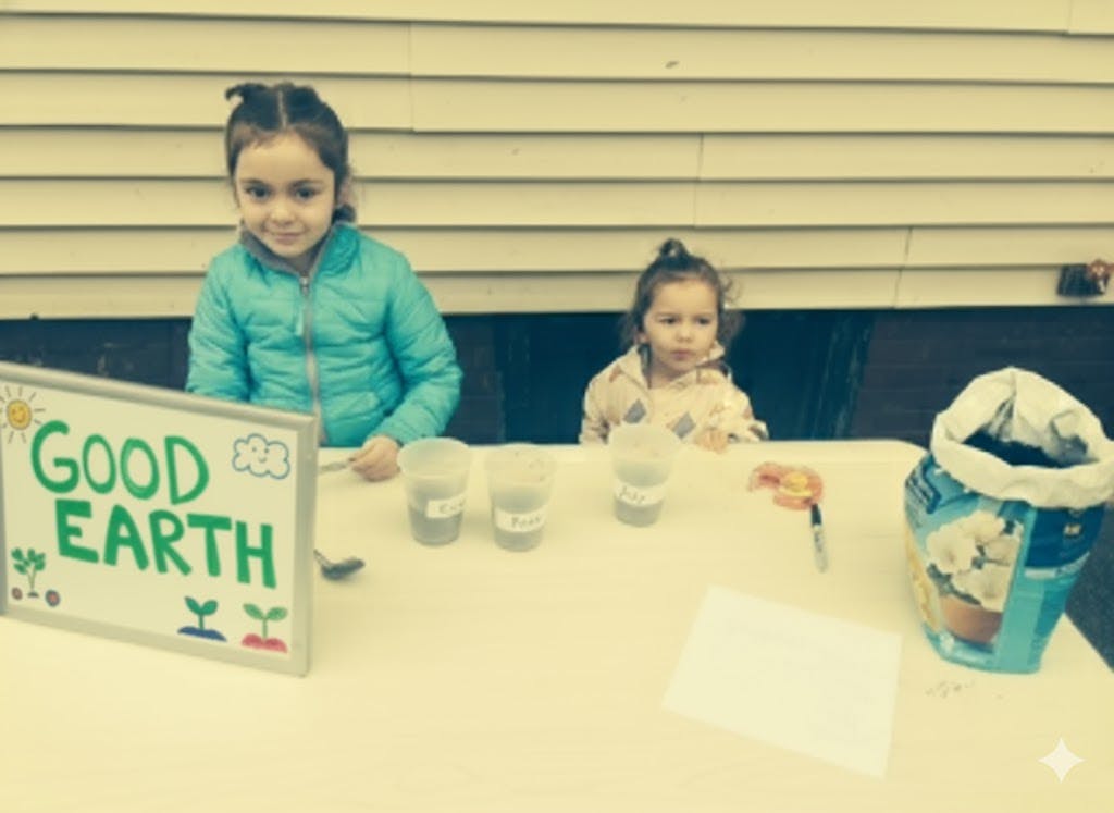 Two children at a table with a "Good Earth" sign and planting supplies