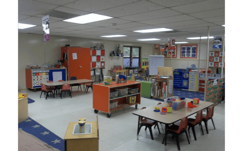 Empty classroom with multiple tables, chairs, and learning materials