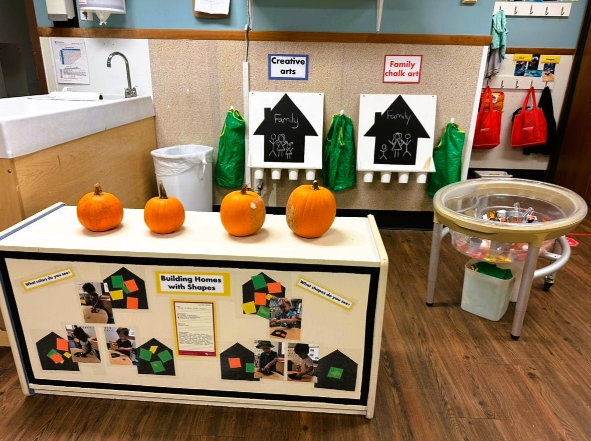 Four pumpkins on a white counter in a classroom with art displays