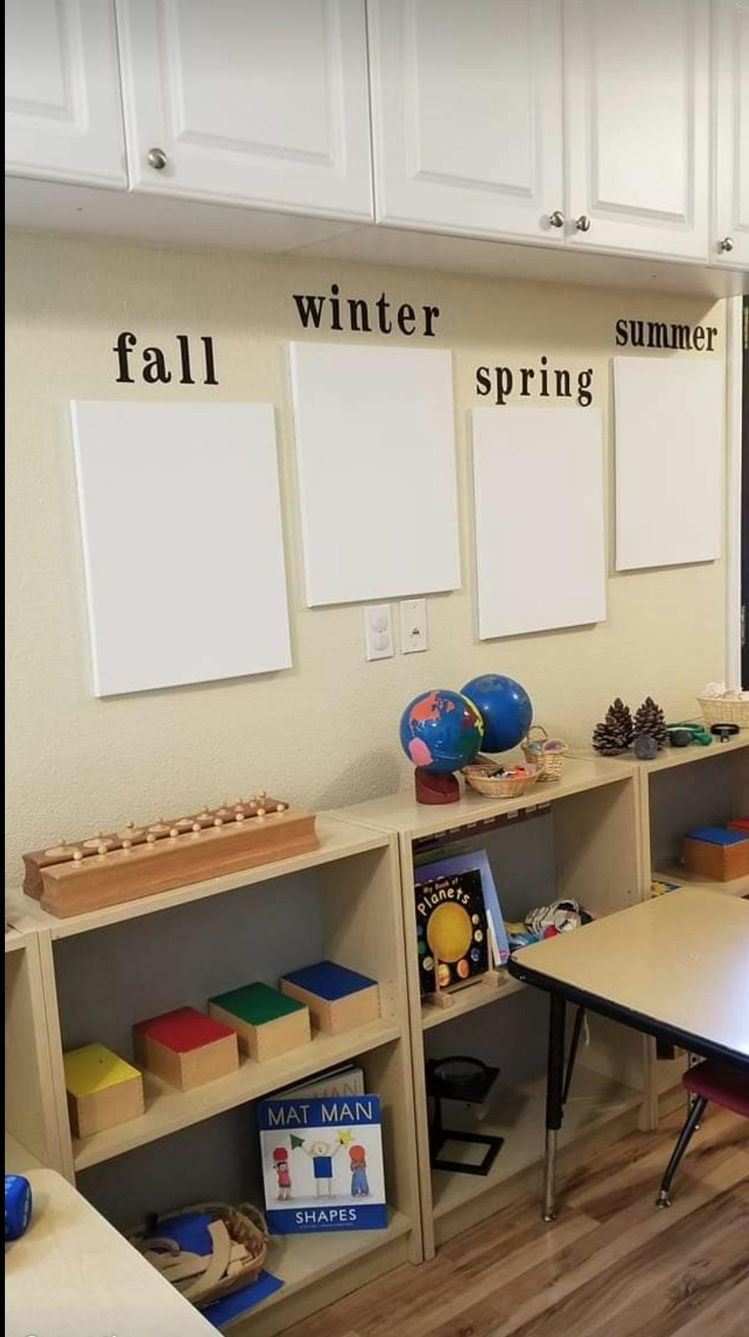 Classroom wall with seasons labeled above blank white boards, shelves with globes and books