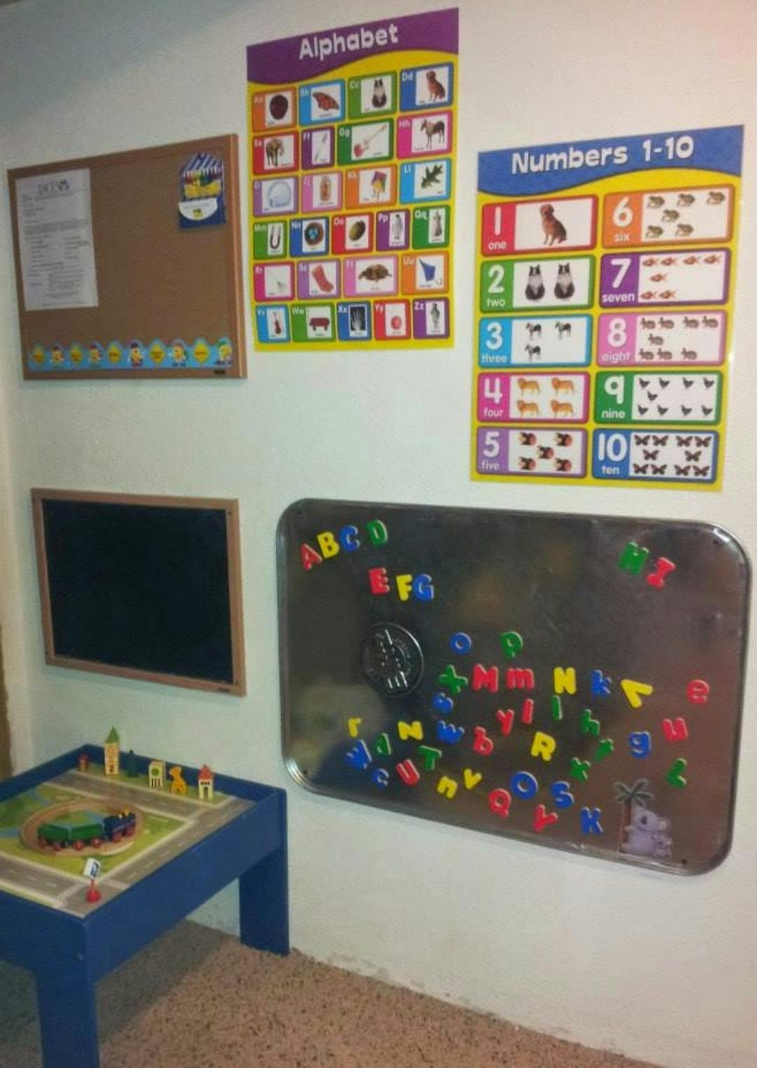 Alphabet and numbers charts on a wall with a magnetic board and play table