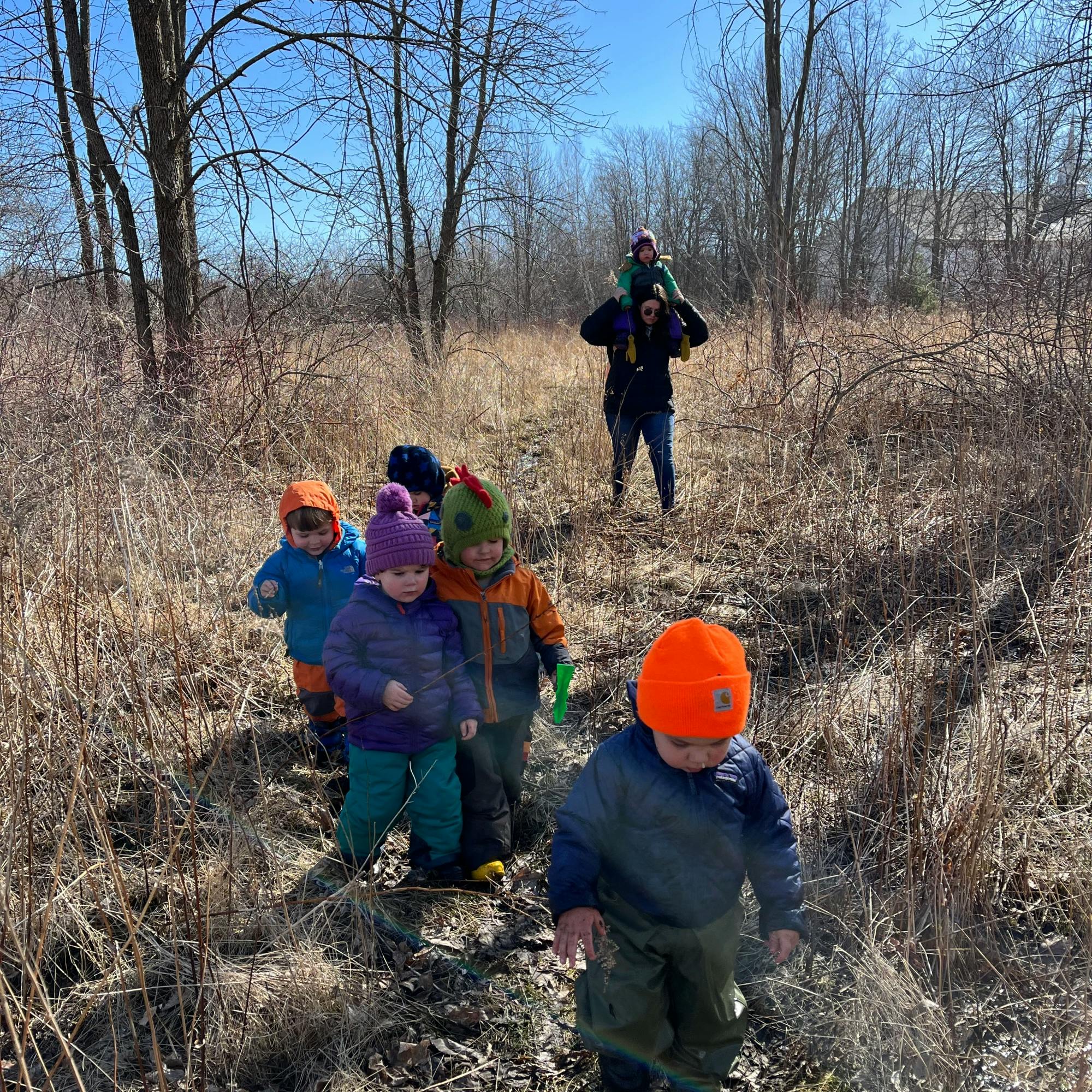 Children and an adult walking through tall dry grass