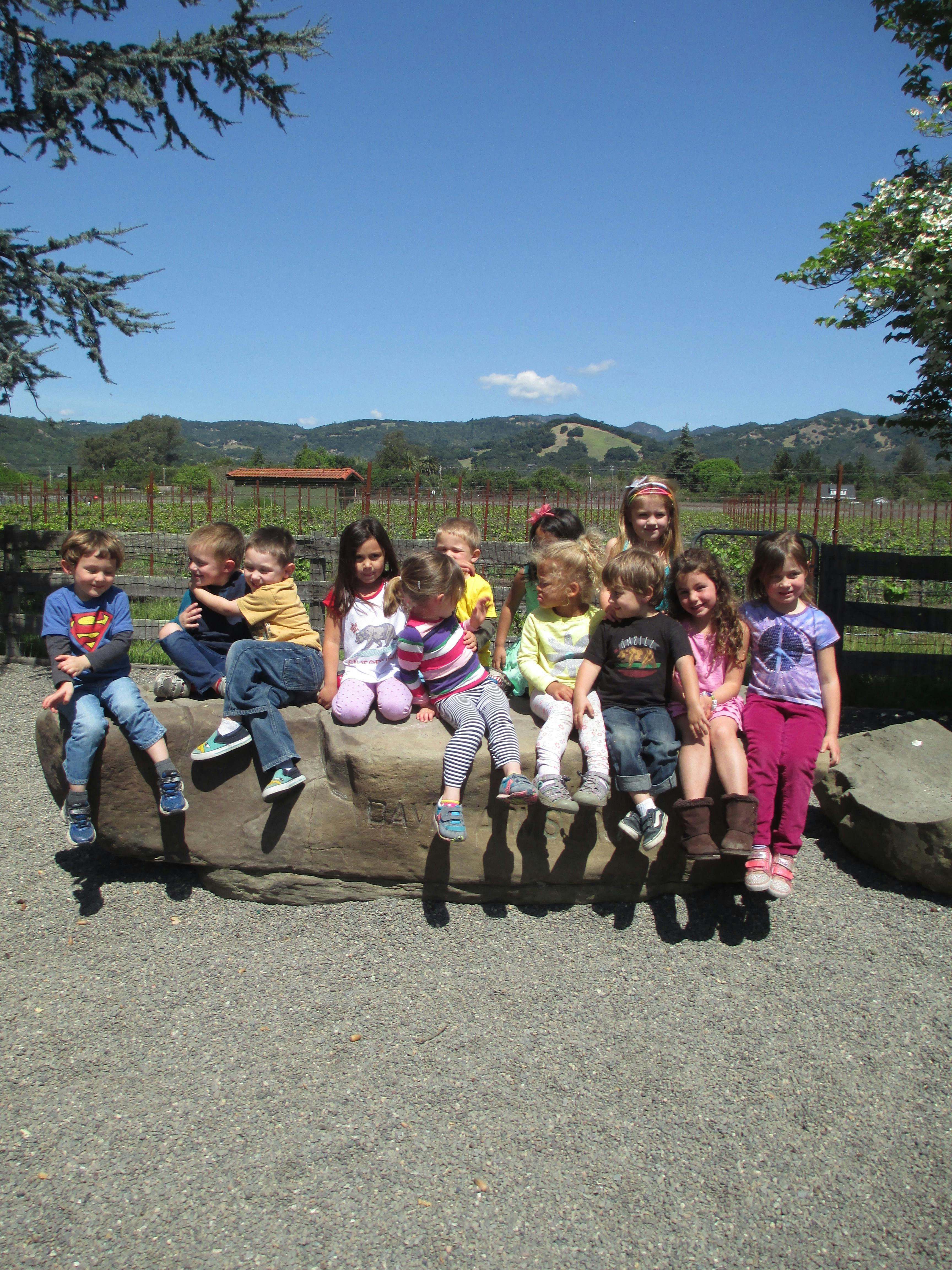 Group of children sitting on a large rock outdoors