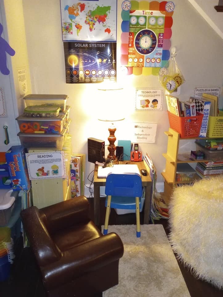 Desk with lamp, chair, and educational posters on the wall