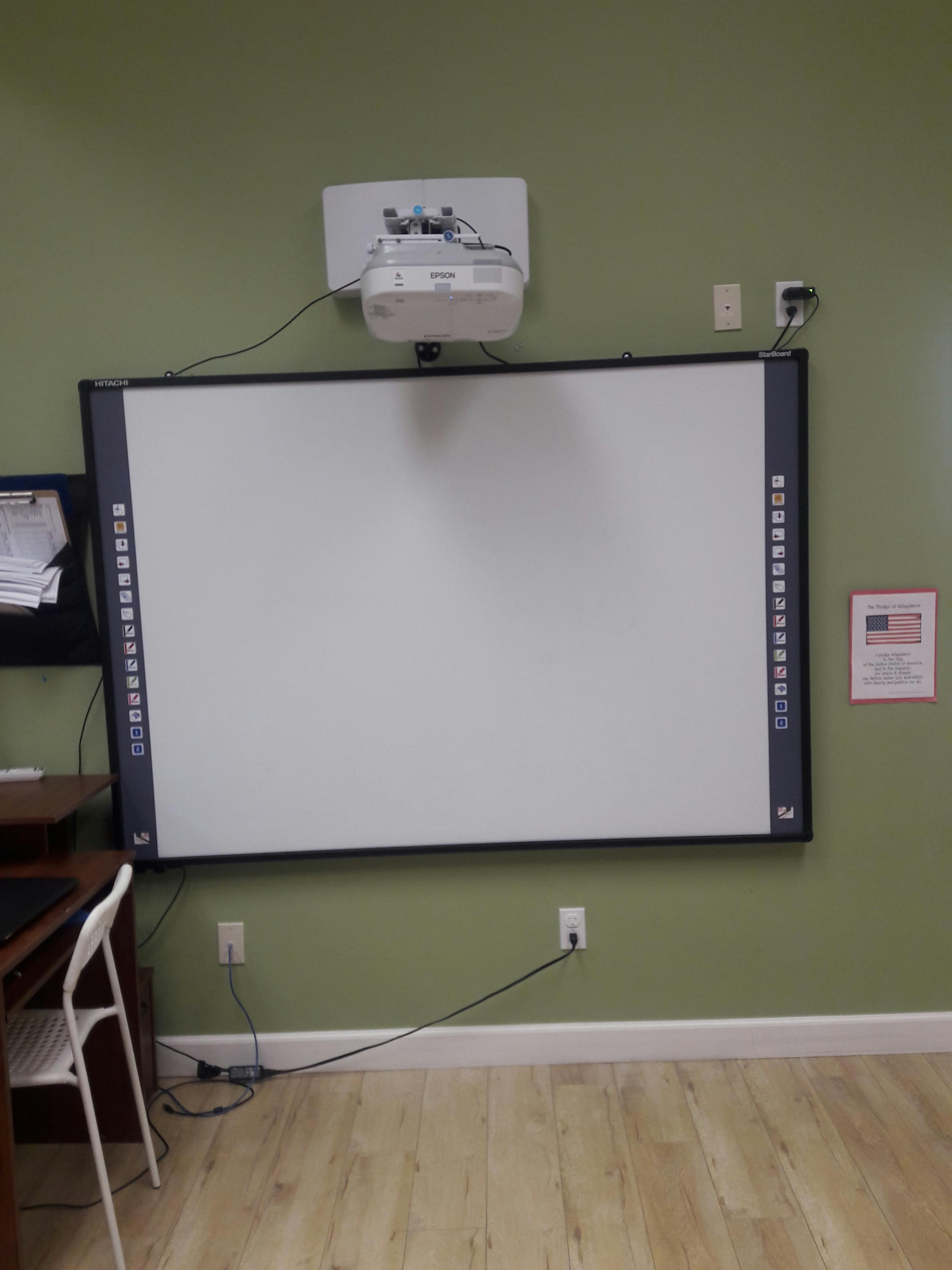 Interactive whiteboard with a projector mounted above it