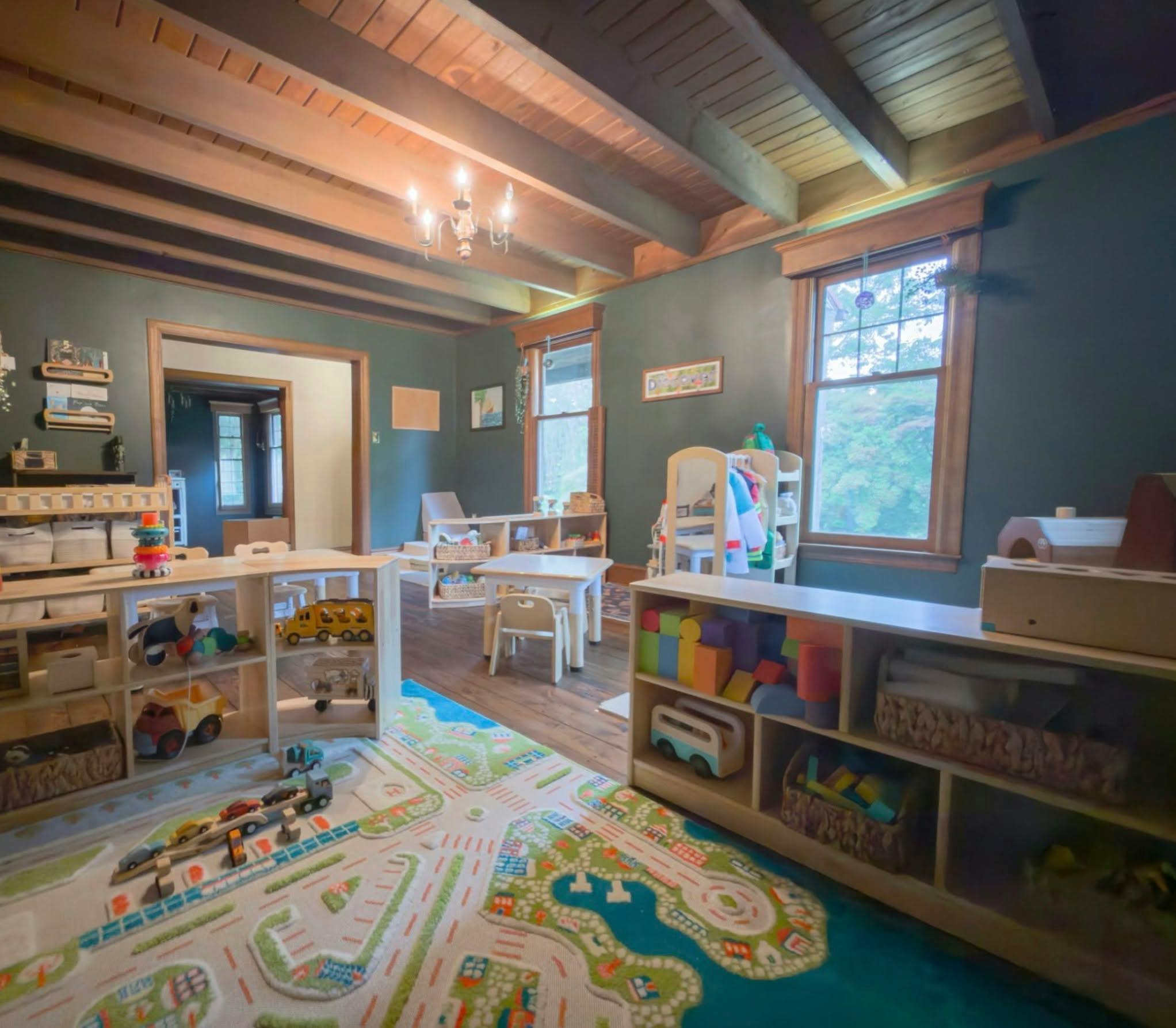 Playroom with wooden shelves containing toys and a vehicle patterned area rug