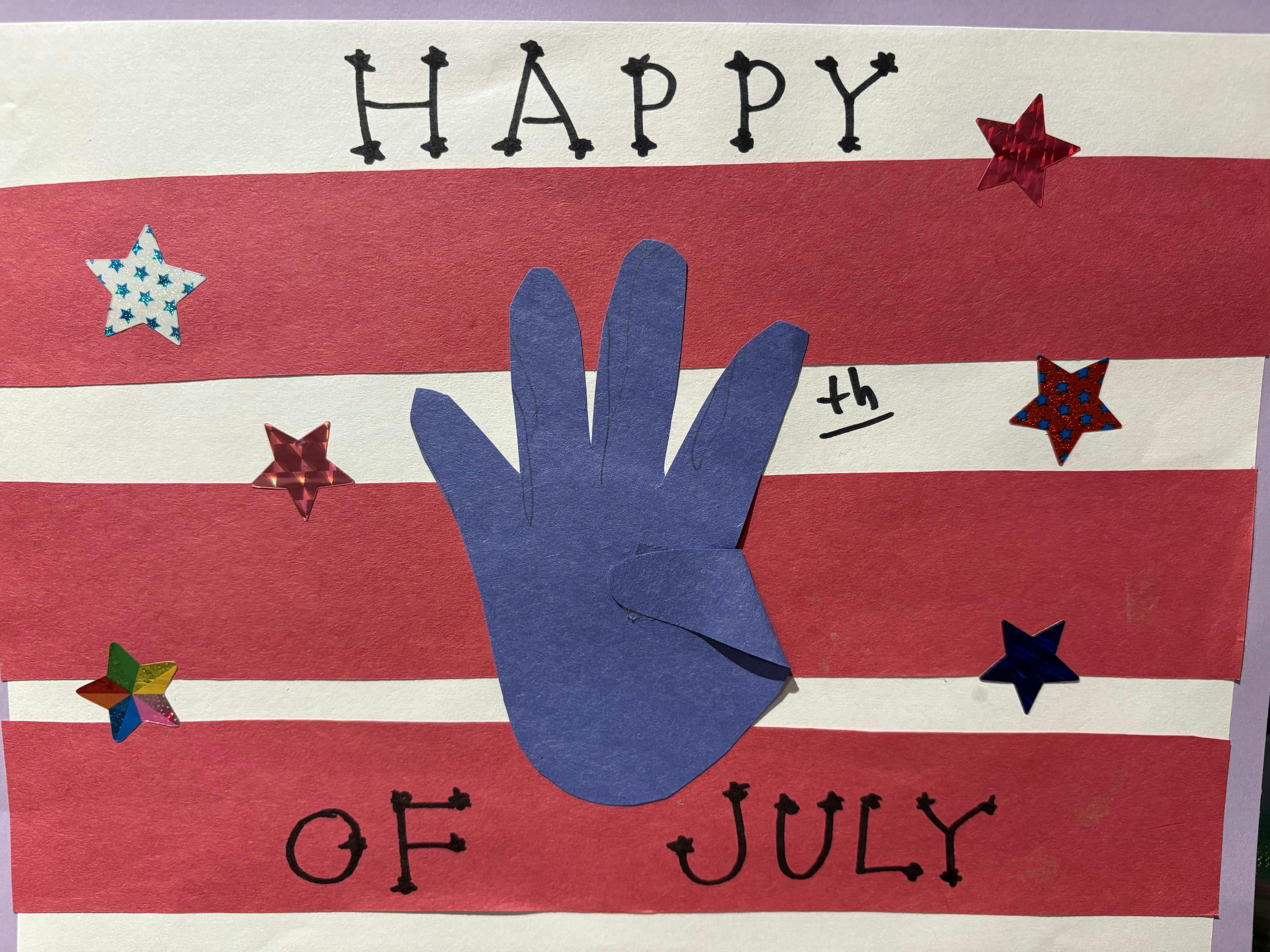 Happy 4th of July sign with a blue handprint and stars