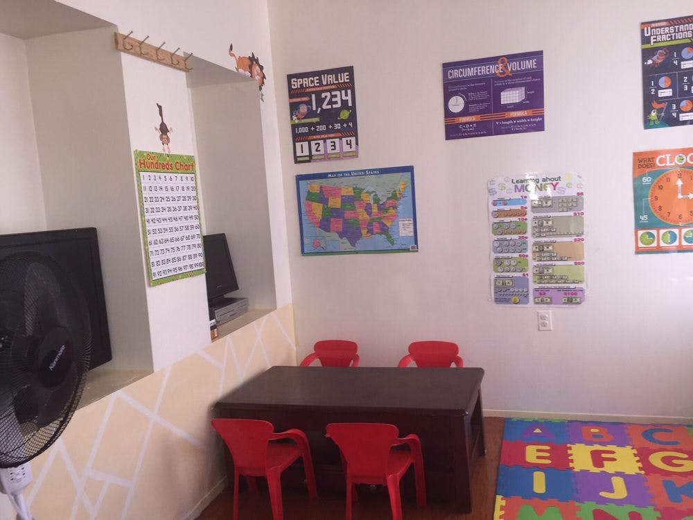 Classroom with small table and red chairs, educational posters on the wall