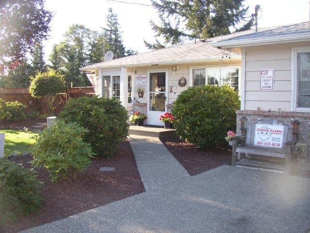 Building exterior with a walkway leading to a door, surrounded by bushes