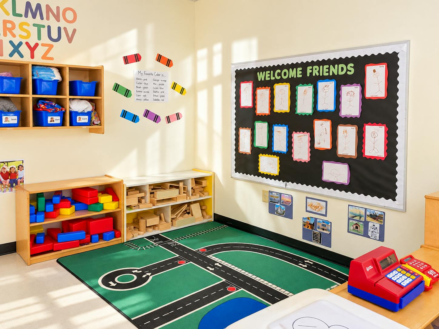 Classroom corner with building blocks, a road play mat, and student artwork