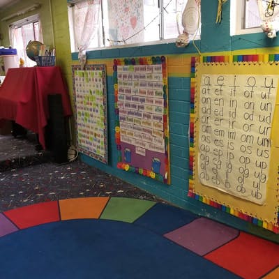Classroom with colorful rug and educational posters on the wall