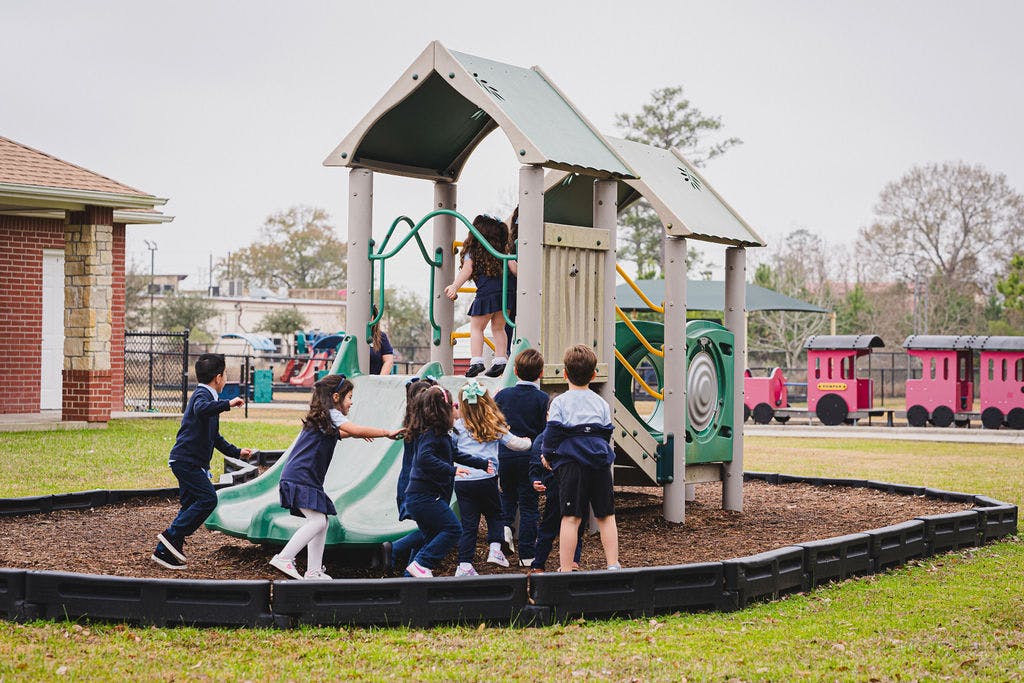 Children playing on a playground structure