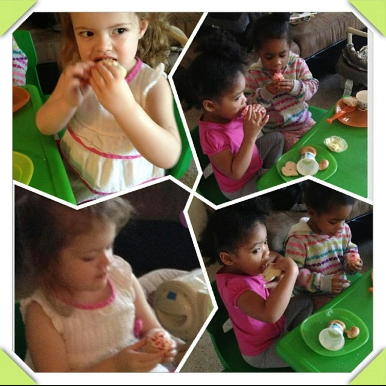 Multiple children eating snacks at a table