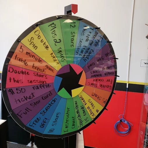 Colorful prize wheel with various rewards written on it