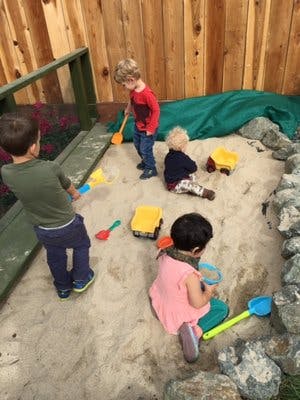 Children playing in a sandbox with toys