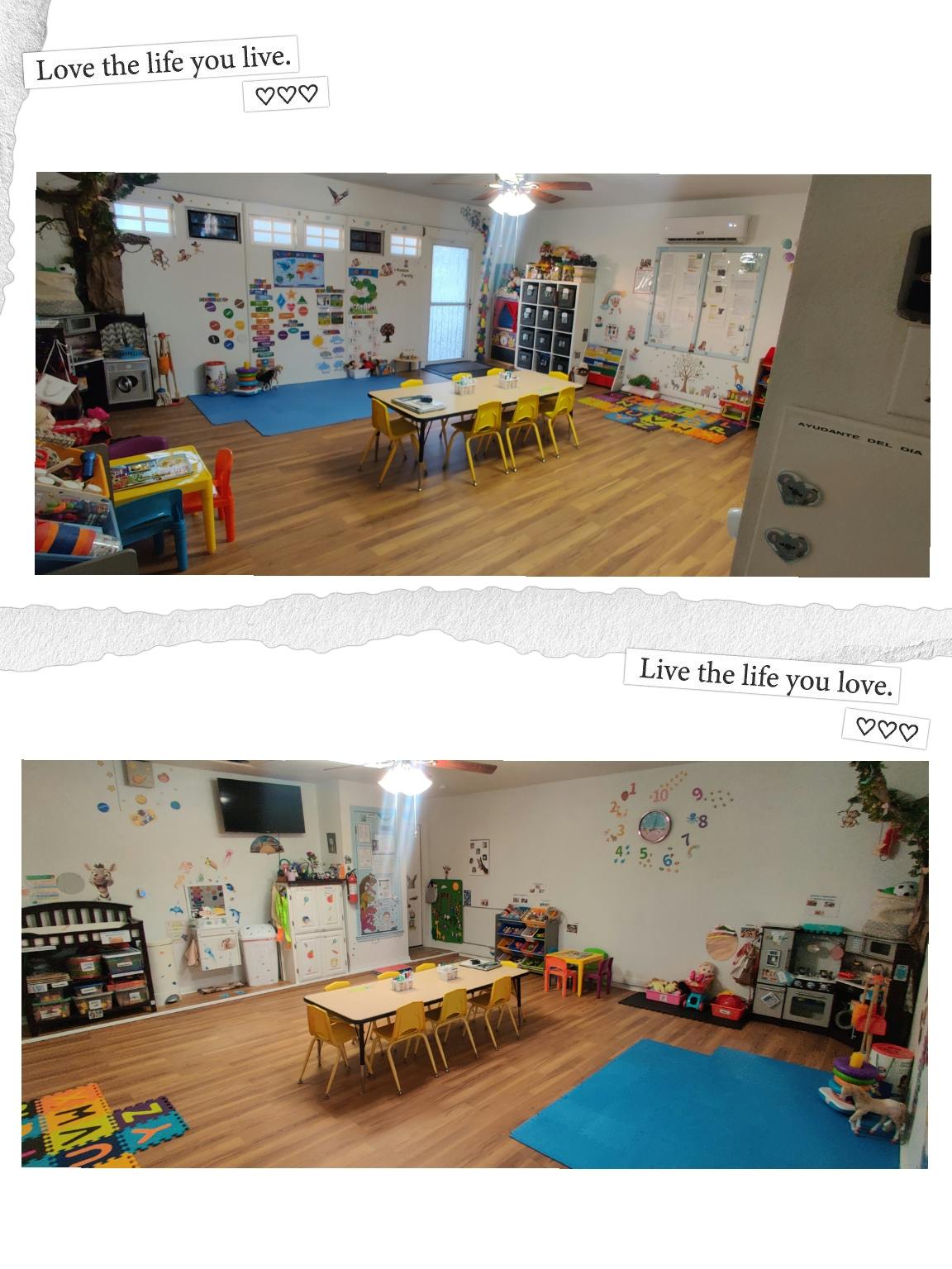 Two images of a classroom with tables, chairs, and play areas