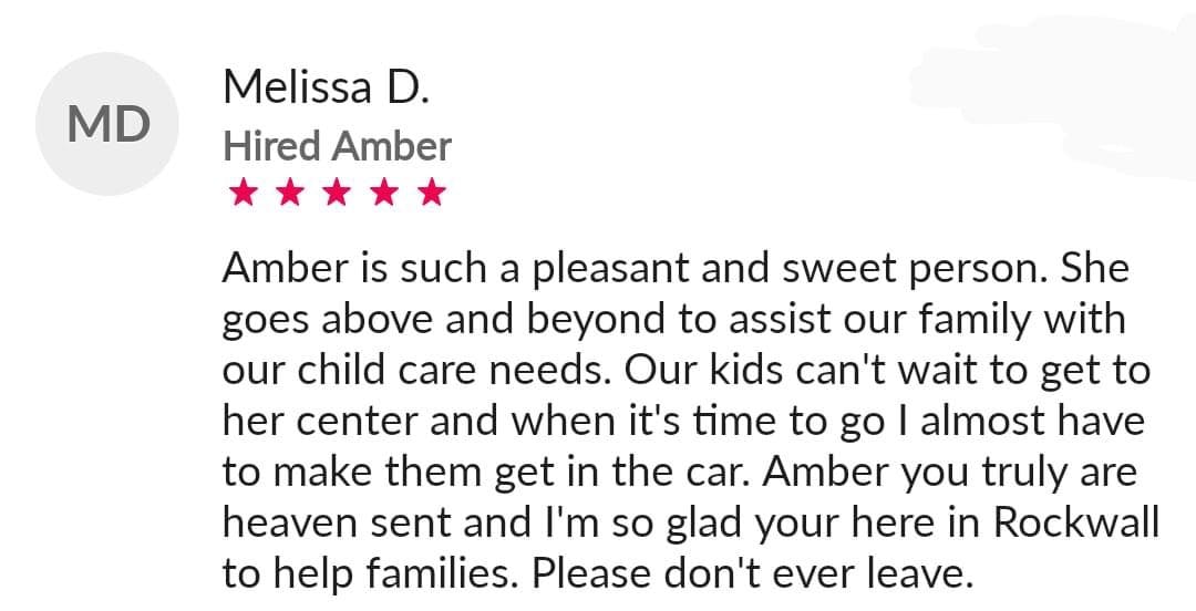 Review from Melissa D. for Amber with five stars