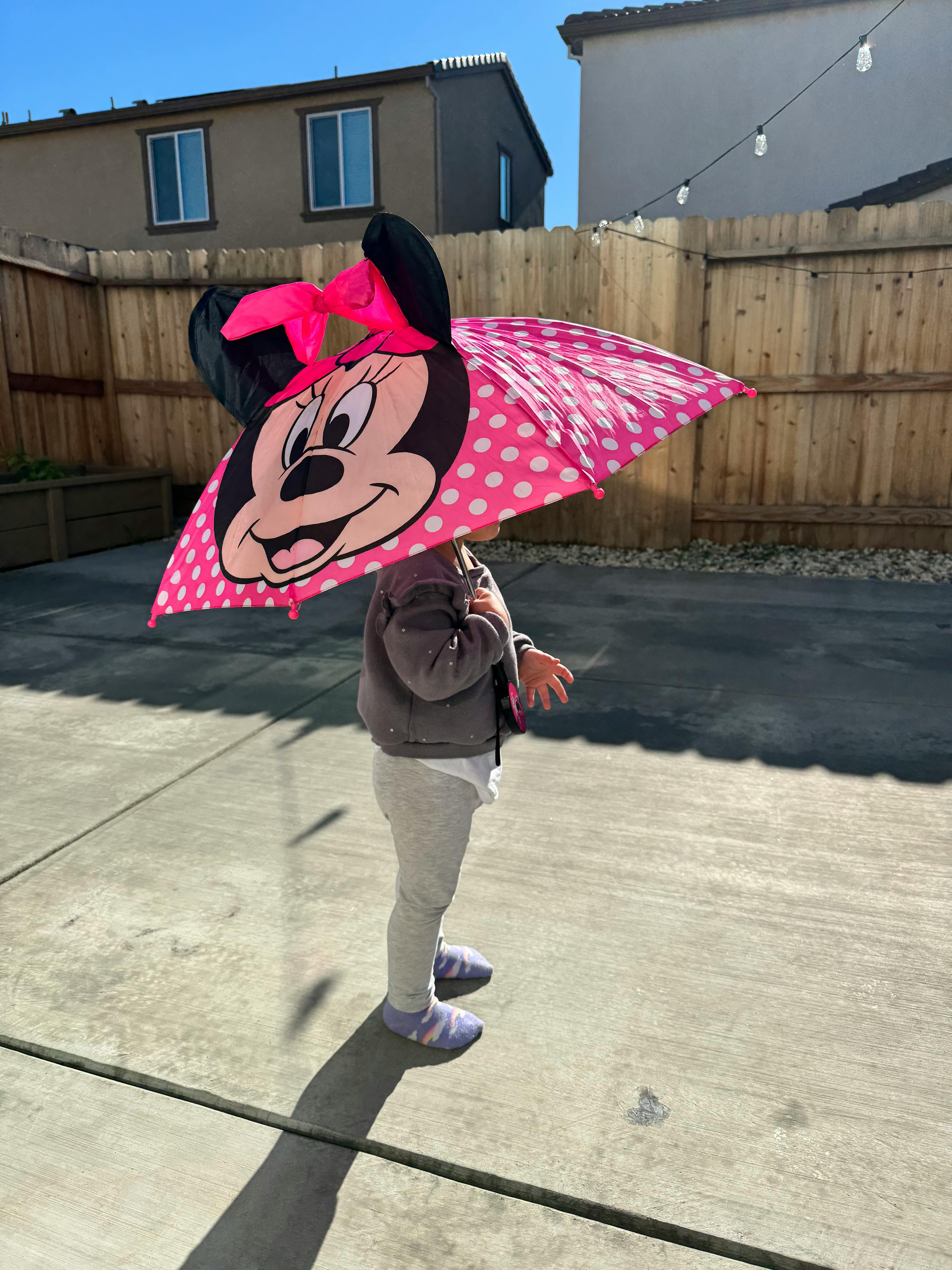 Child holding a pink Minnie Mouse umbrella