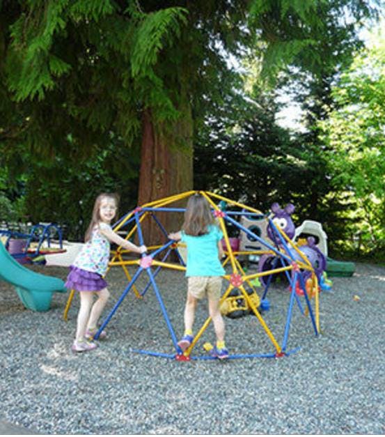 Two children playing on a geometric dome climber outdoors