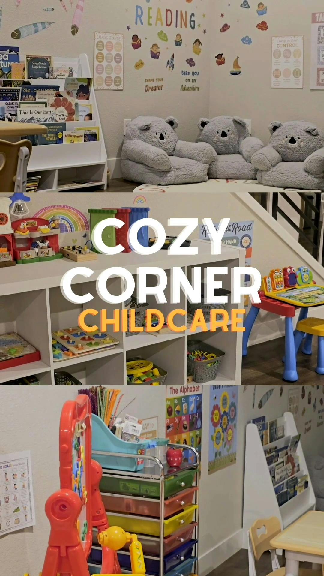 Childcare room with reading nook, shelves of toys, and small tables