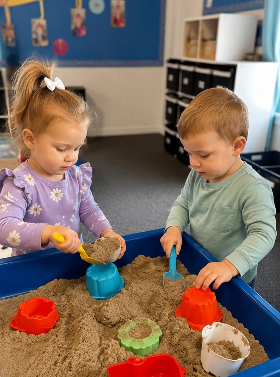 Two children playing with sand and plastic molds in a classroom