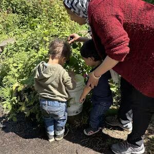 Adult and two children looking at plants