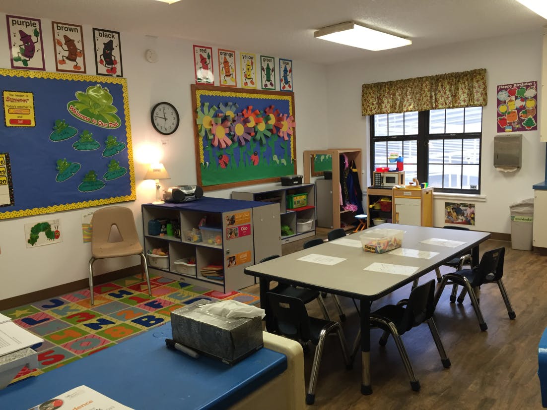Classroom with tables, chairs, and colorful decorations