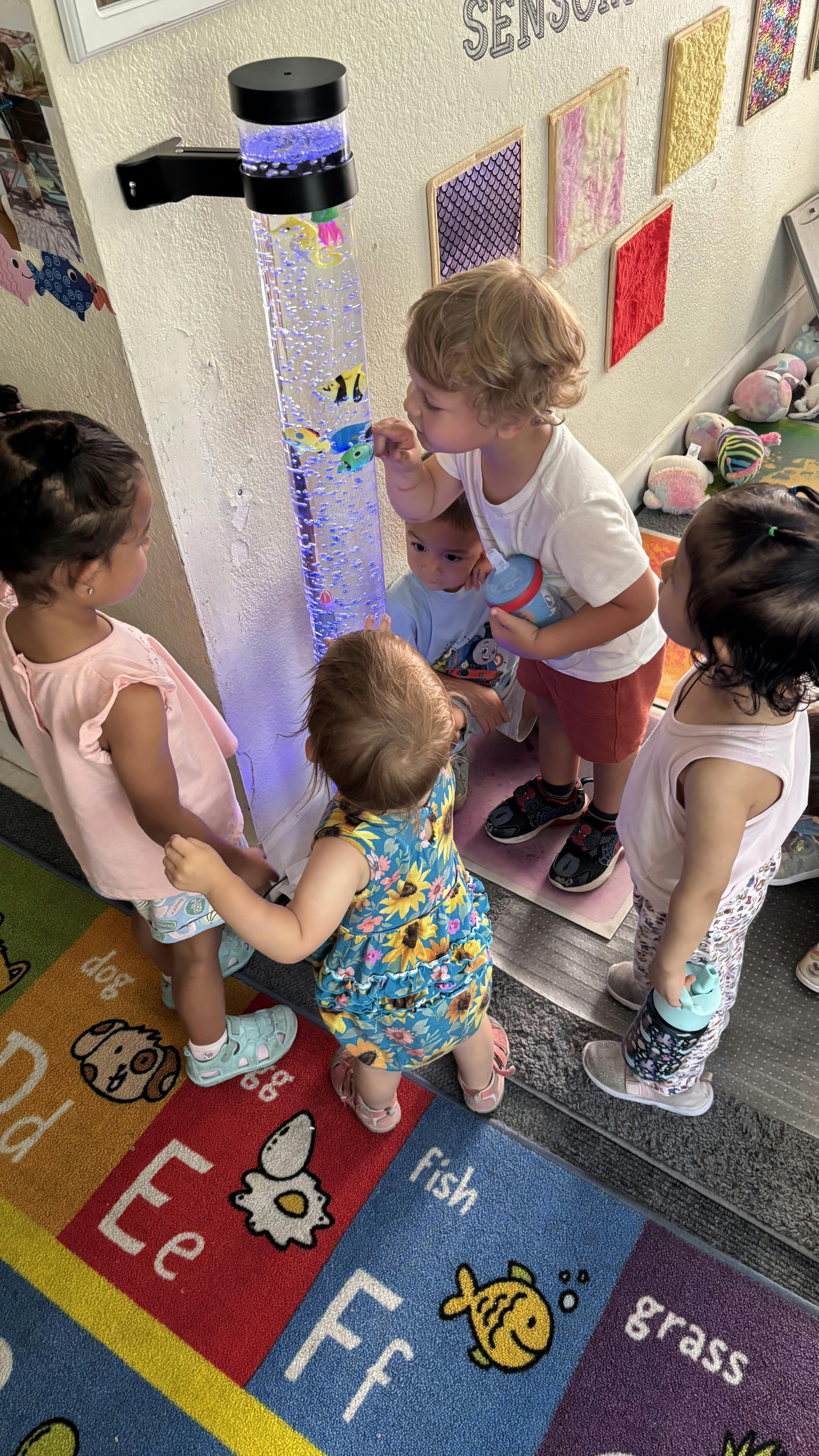 Children gathered around a bubble tube in a classroom