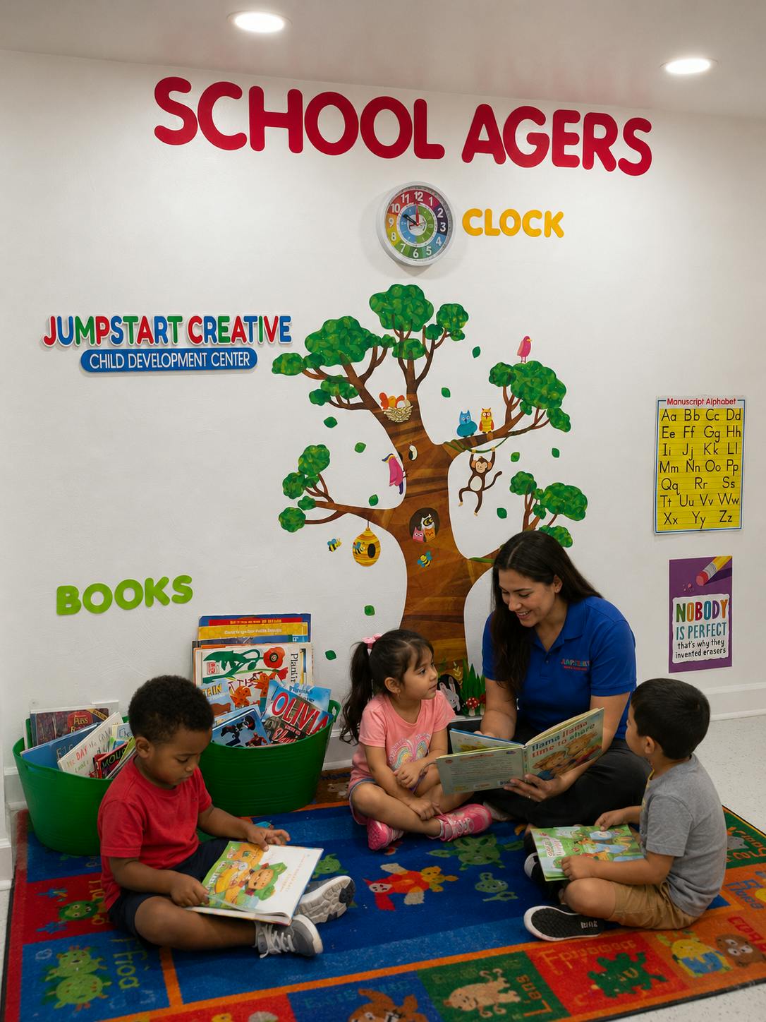 A person reading a book to three children in a classroom setting