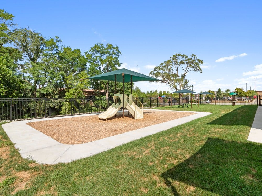 Playground area with a slide under a green canopy, wood chips, and grass