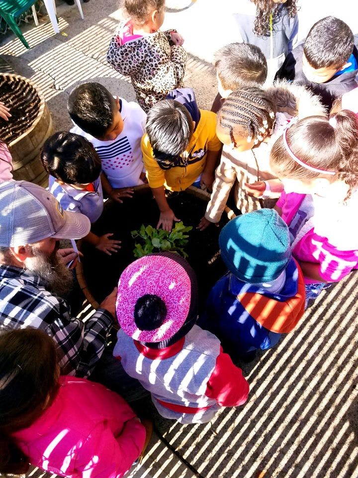 Group of children and adults gathered around a plant