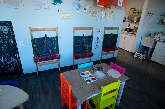 Art classroom with easels and a table with paint supplies