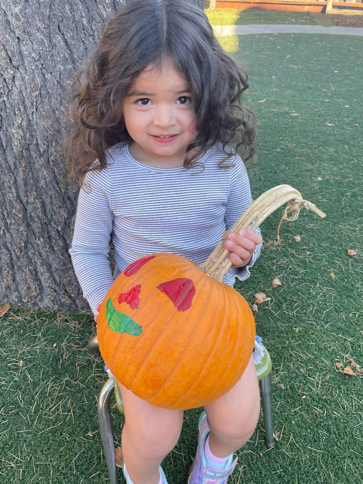 Child sitting outside and holding a painted pumpkin