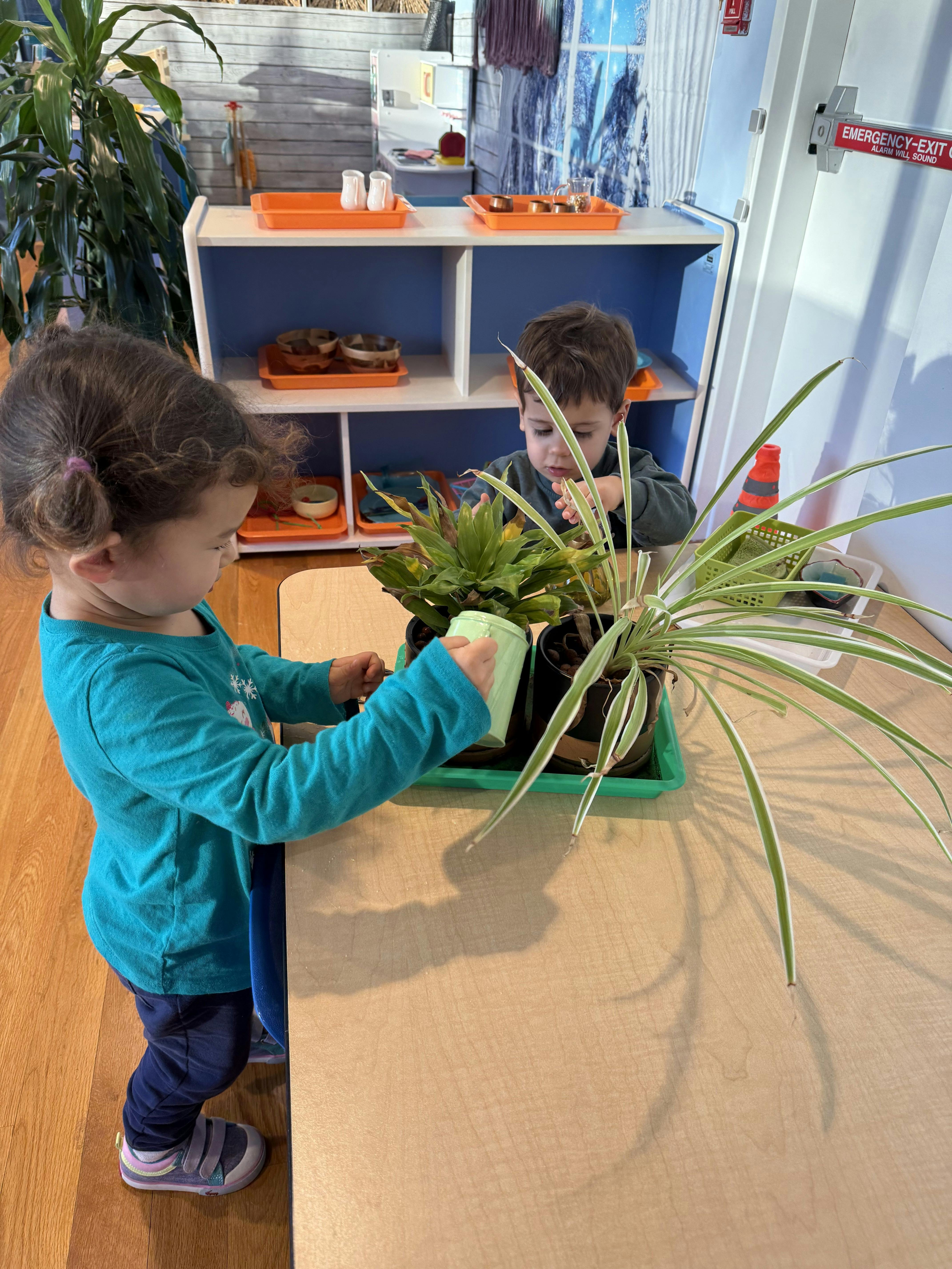 Two children tending to potted plants on a table