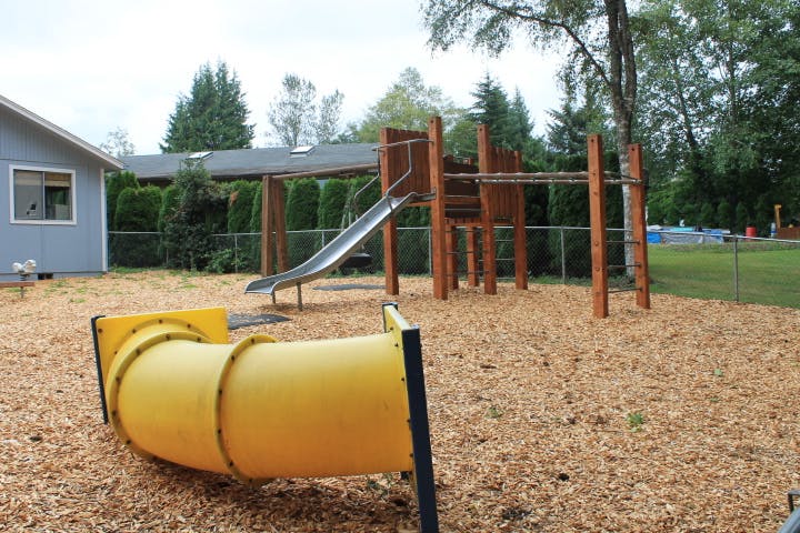 Playground with a yellow tunnel, slide, and monkey bars