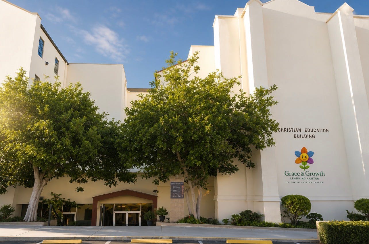 Building with "Christian Education Building" and a colorful flower logo