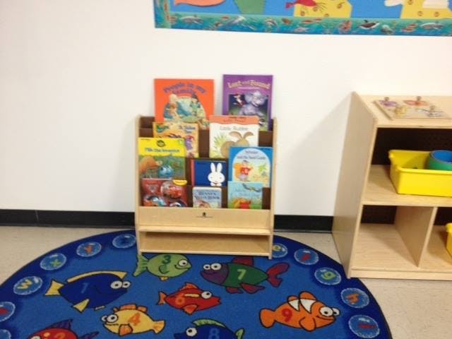 Children's book display on a fish-patterned rug