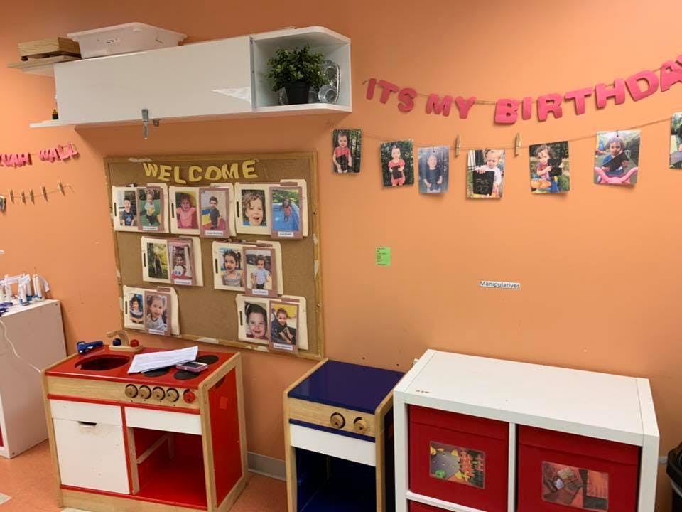 Classroom wall with a welcome board and birthday banner