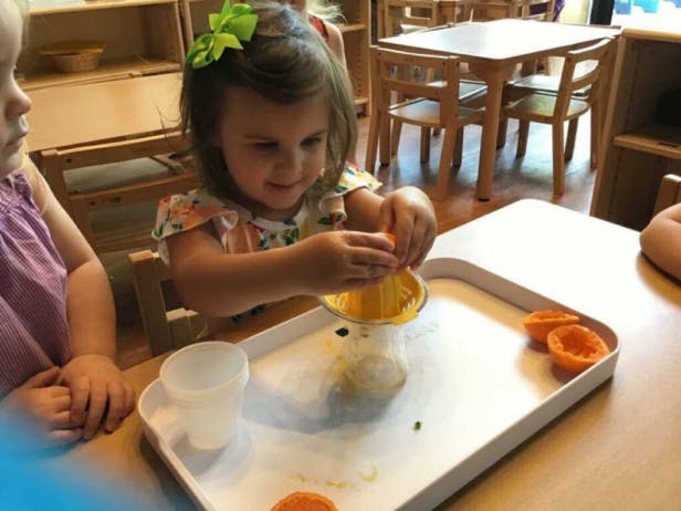 Child squeezing an orange with a juicer at a table