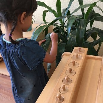 Child touching a plant next to a wooden Montessori cylinder block